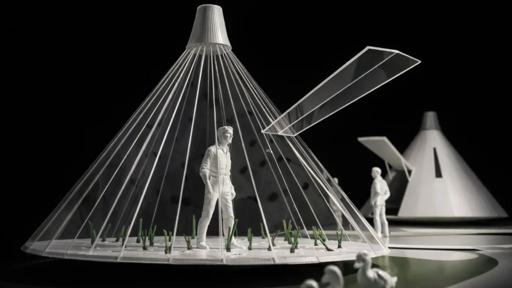 Dettaglio trasparenze in plexiglass su modello architettonico: studio degli interni e della vegetazione integrata nel progetto TP.