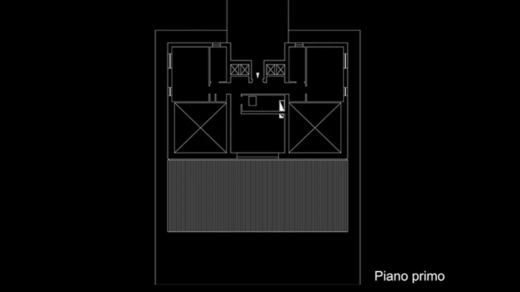 Pianta del piano primo del progetto Casale Coni con distribuzione degli ambienti, vani principali e terrazza.