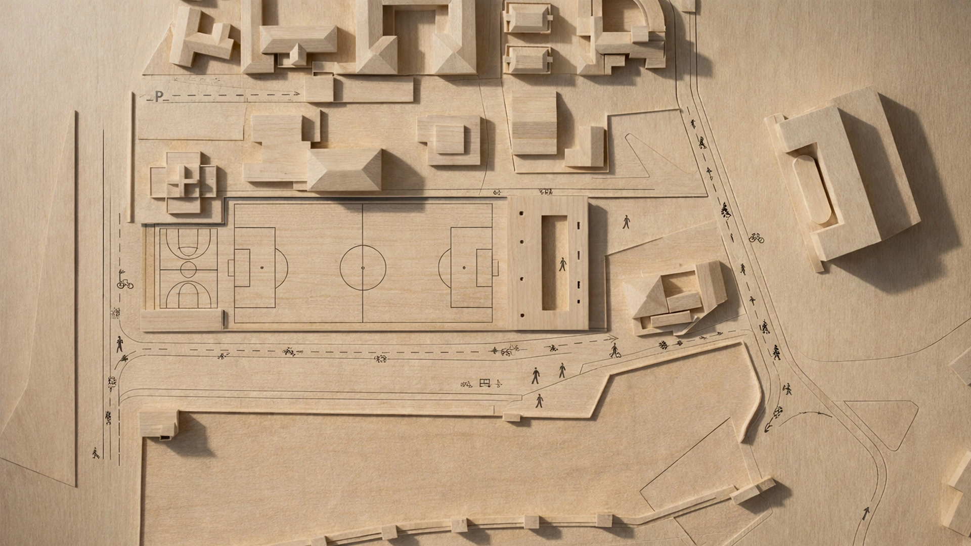 Plastico di studio in legno: analisi volumetrica e dei rapporti di scala del progetto per il concorso a Testaccio.