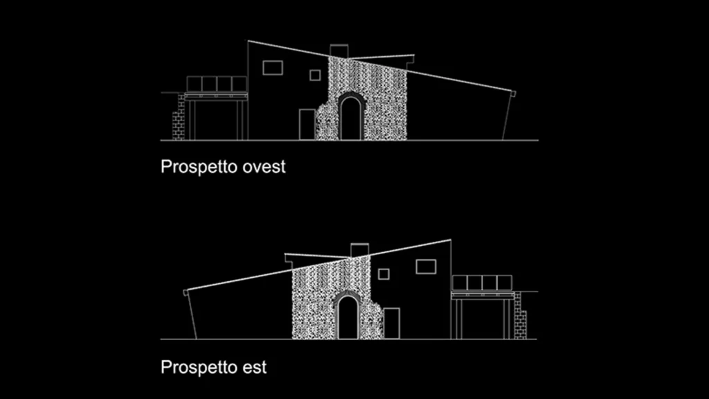 Prospetti est e ovest del progetto Casale Coni con configurazione delle facciate, aperture e volume principale.