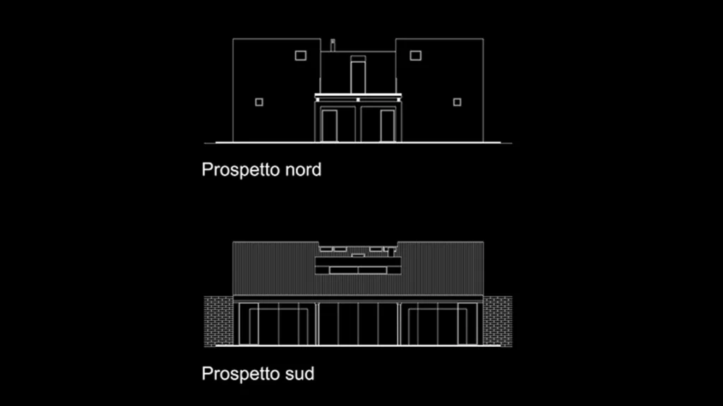 Prospetti nord e sud del progetto Casale Coni con configurazione delle facciate e distribuzione delle aperture.