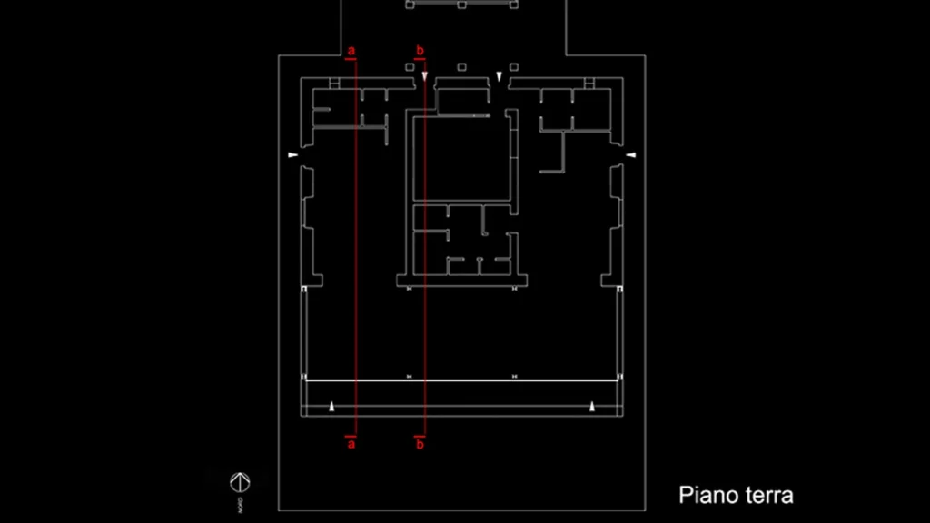 Pianta del piano terra del progetto Casale Coni con distribuzione degli ambienti e linee di sezione a–a e b–b.