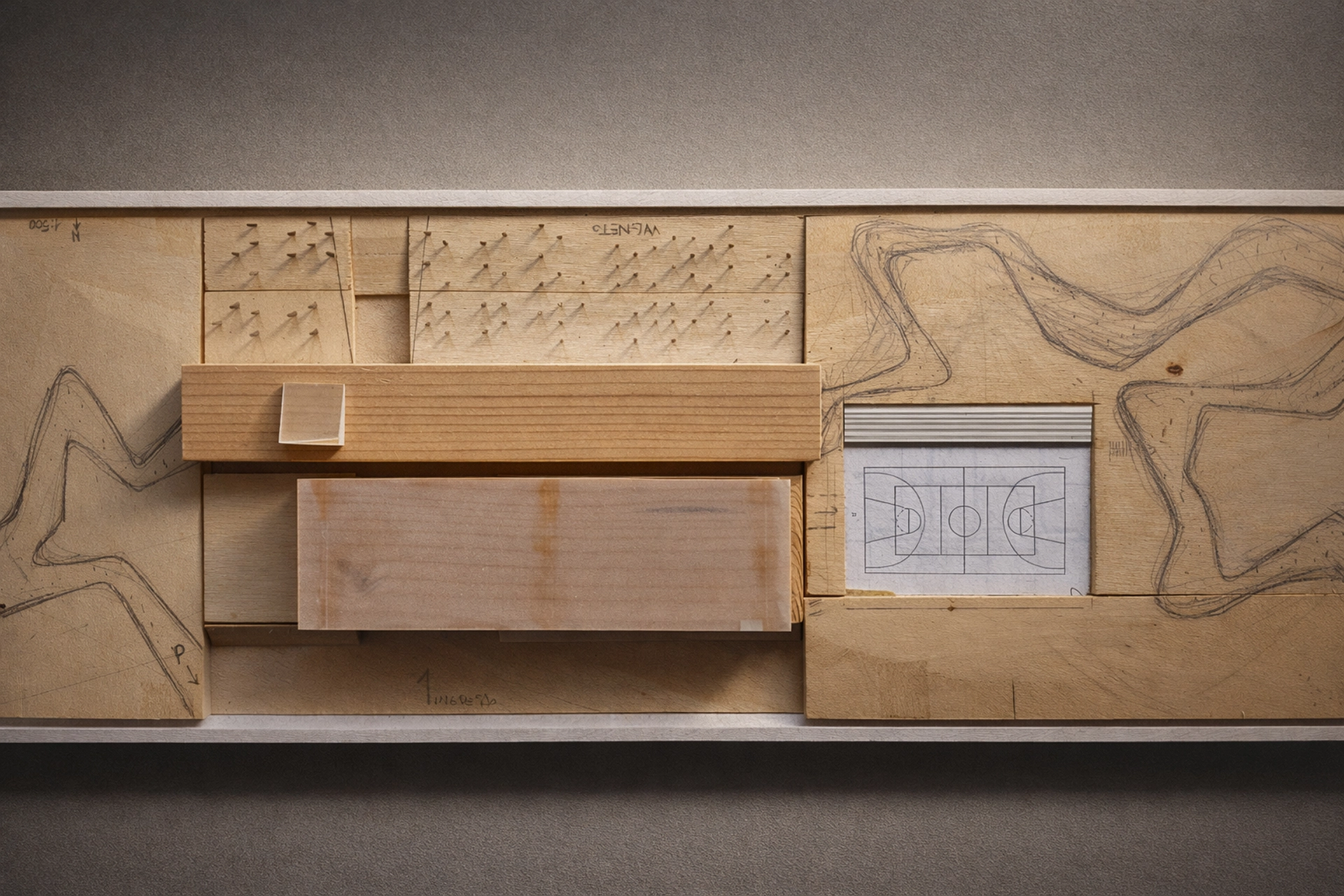 Modellino di studio in legno, forex e plexiglass dell'Istituto Salgari: analisi volumetrica e dei percorsi del campus scolastico.