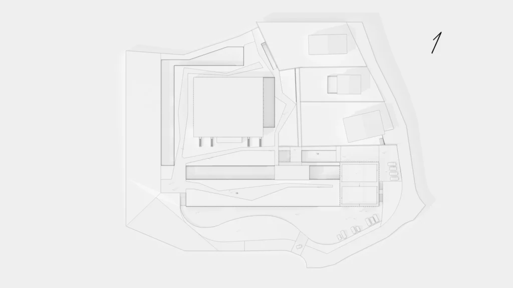 elementare-parcines.jpg Piano coperture del progetto della scuola: studio dei volumi, dei tetti e dell'inserimento nel lotto.