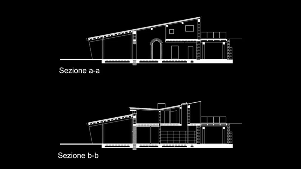 Sezioni architettoniche a–a e b–b del progetto Casale Coni con configurazione interna dei volumi e andamento della copertura.
