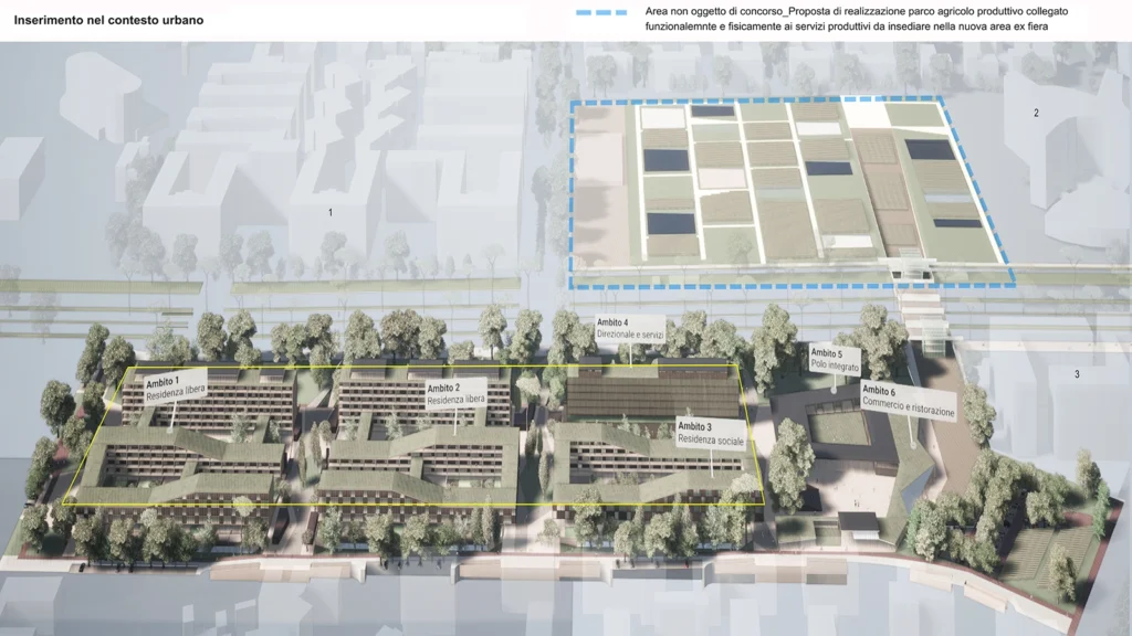 Assonometria del comparto Ex Fiera: individuazione e distribuzione delle diverse tipologie di residenza e dei servizi pubblici nel masterplan