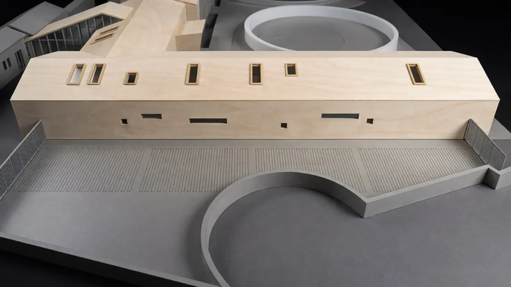 Modello architettonico dell’asilo a Roma con volumi articolati e orto didattico, realizzato in legno.