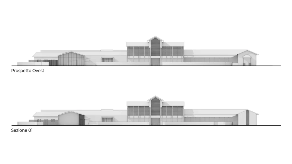 Prospetto ovest dell’Asilo San Gregorio affiancato dalla sezione 01 che mostra la composizione volumetrica centrale e le ali laterali dell’edificio.
