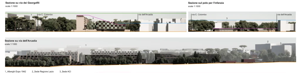 Viste dei prospetti dell'intero comparto: studio dei rapporti altimetrici e volumetrici tra edifici nuovi e edifici preesistenti