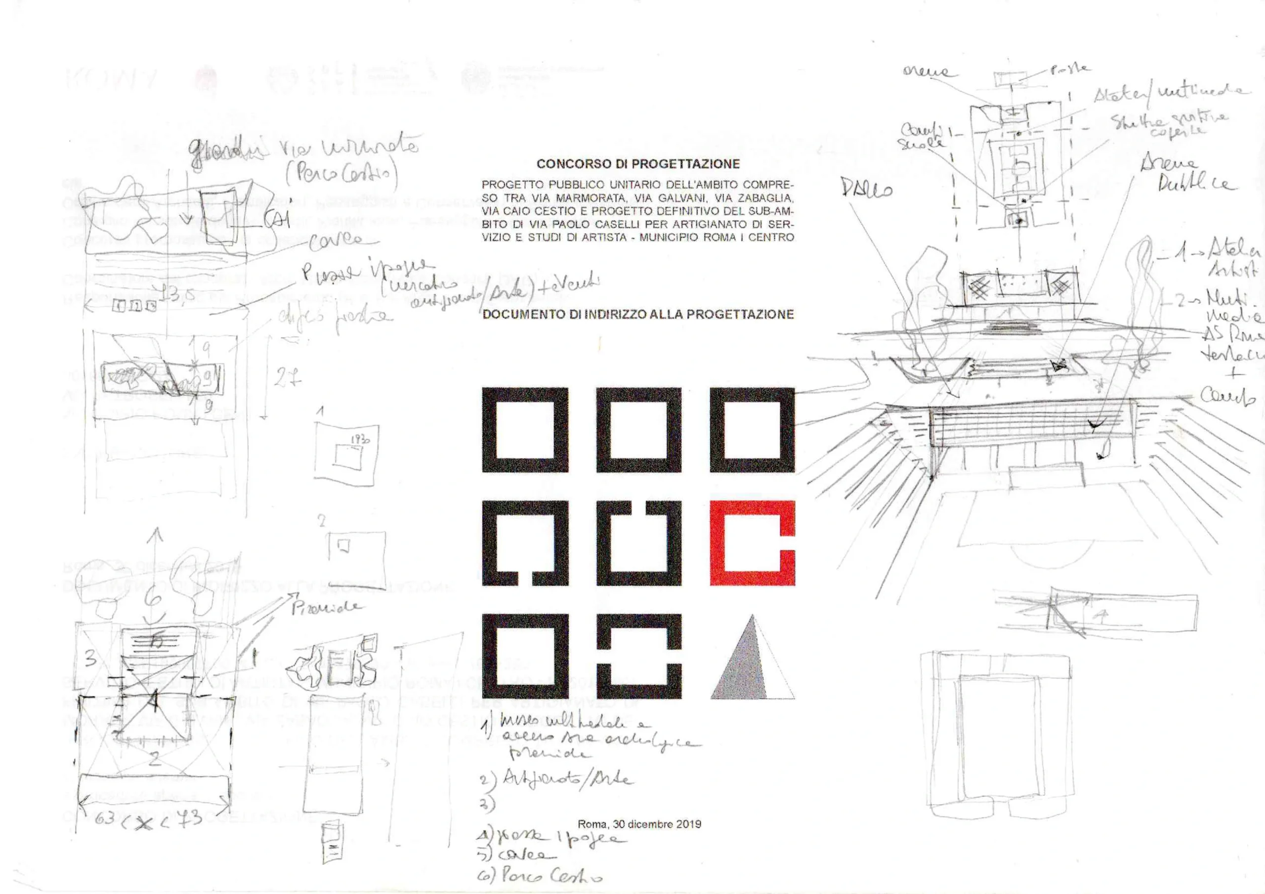 Schizzi progettuali su carta con logo del concorso: la genesi creativa e il concept ideativo per l'intervento a Testaccio.