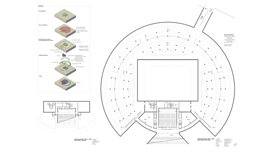Schema assonometrico delle fasi di realizzazione e planimetria del piano interrato del centro culturale.