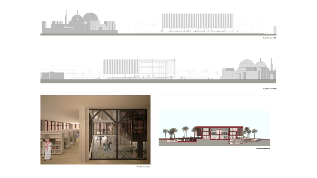 Documentazione finale: prospetti, sezioni tecniche e vista prospettica degli interni della biblioteca.