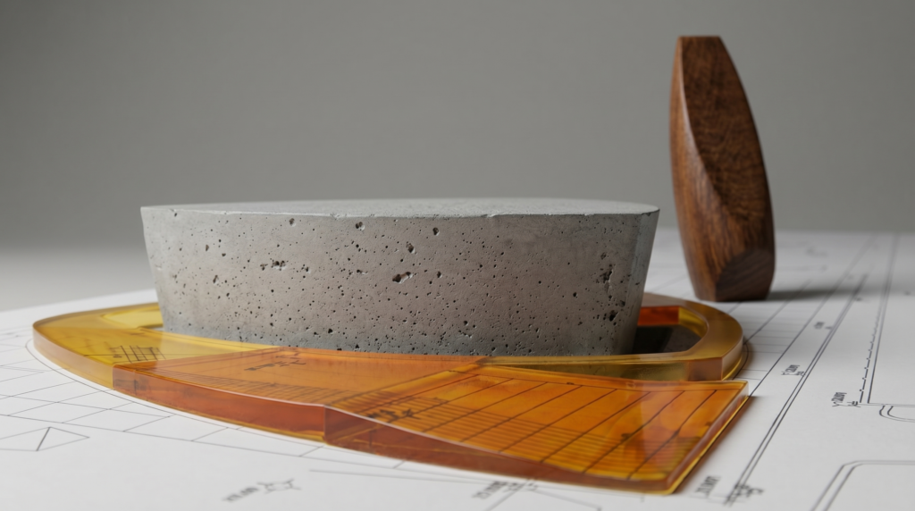 Analisi volumetrica in un plastico di studio per architettura sacra, dettaglio del contrasto tra cemento, legno e resina.