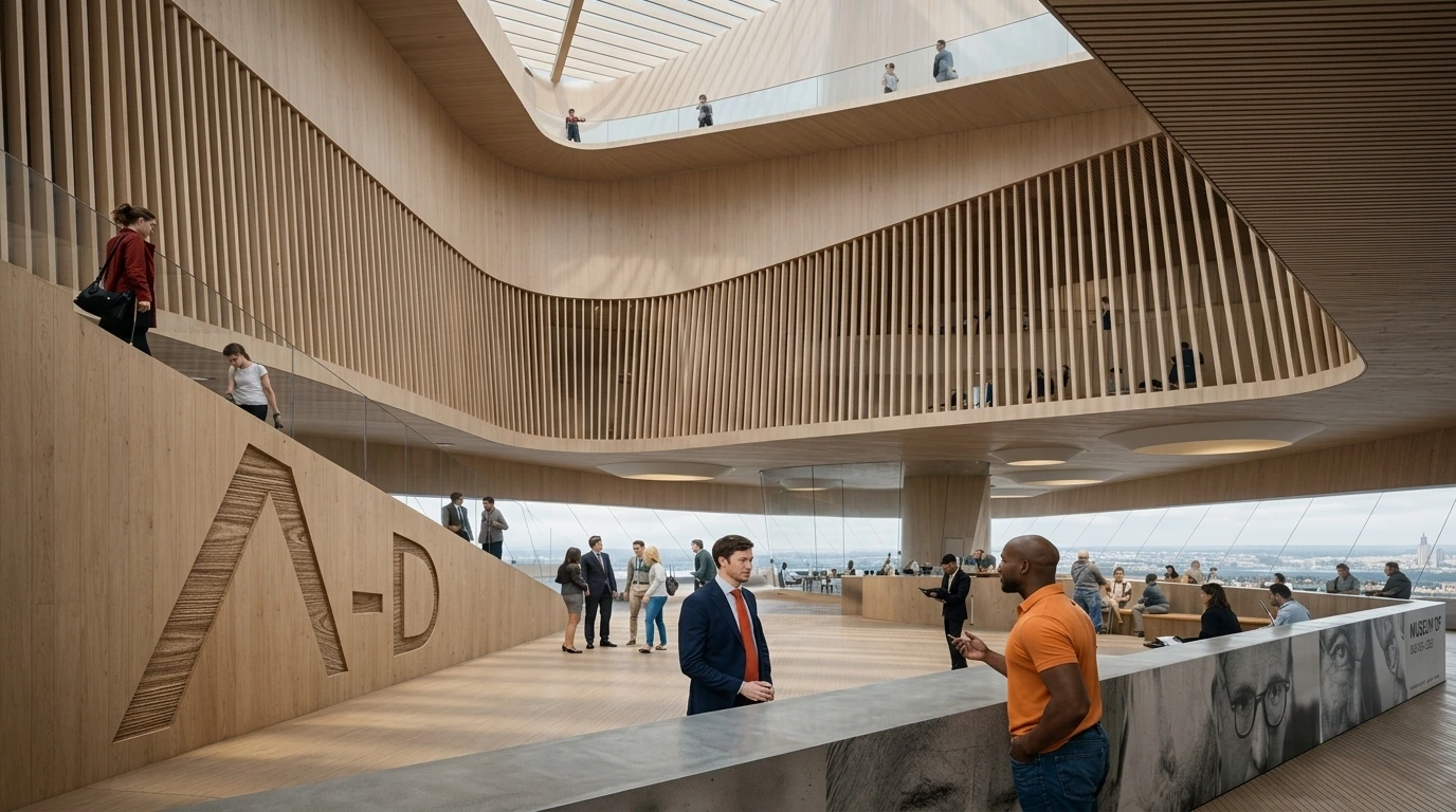 Hall centrale dell’A&D Museum con rampe, balconate e partizioni in legno, illuminata da luce zenitale e animata da attività pubbliche.