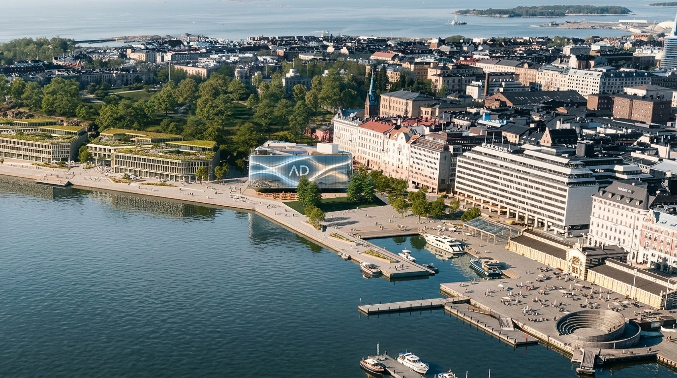 Vista aerea del progetto architettonico A&D Museum a Helsinki, con waterfront, spazi pubblici e volumi contemporanei affacciati sul porto.
