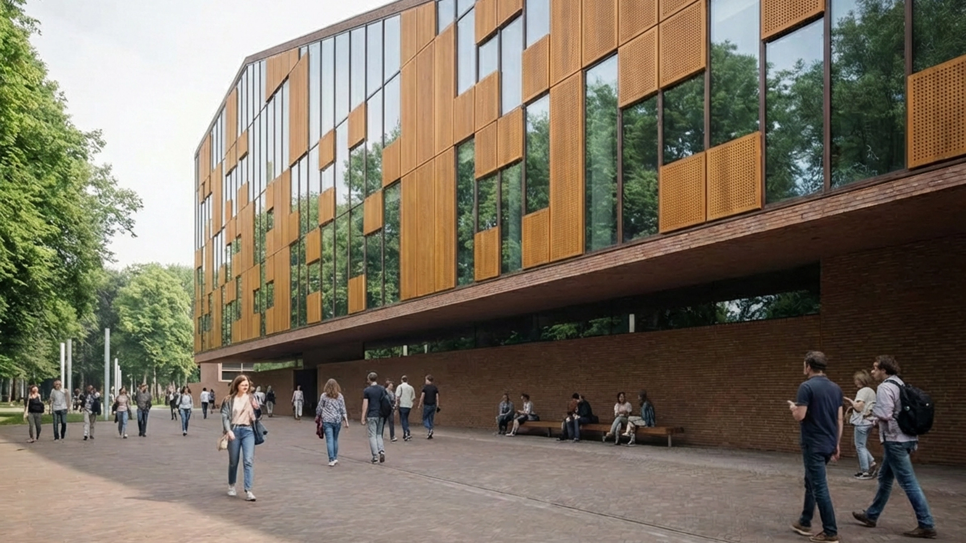 Dettaglio delle facciate con pannelli in legno nel progetto Ex Fiera di Roma: esempio di architettura sostenibile e bioclimatica.