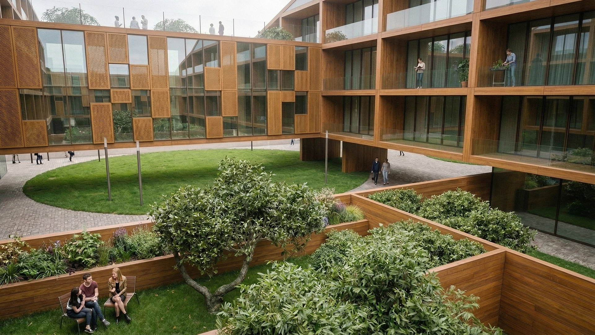 Visualizzazione della differenziazione tipologica dei blocchi residenziali: aree verdi private al piano terra, spazi pubblici, tetto giardino riservato sull'edificio sospeso.
