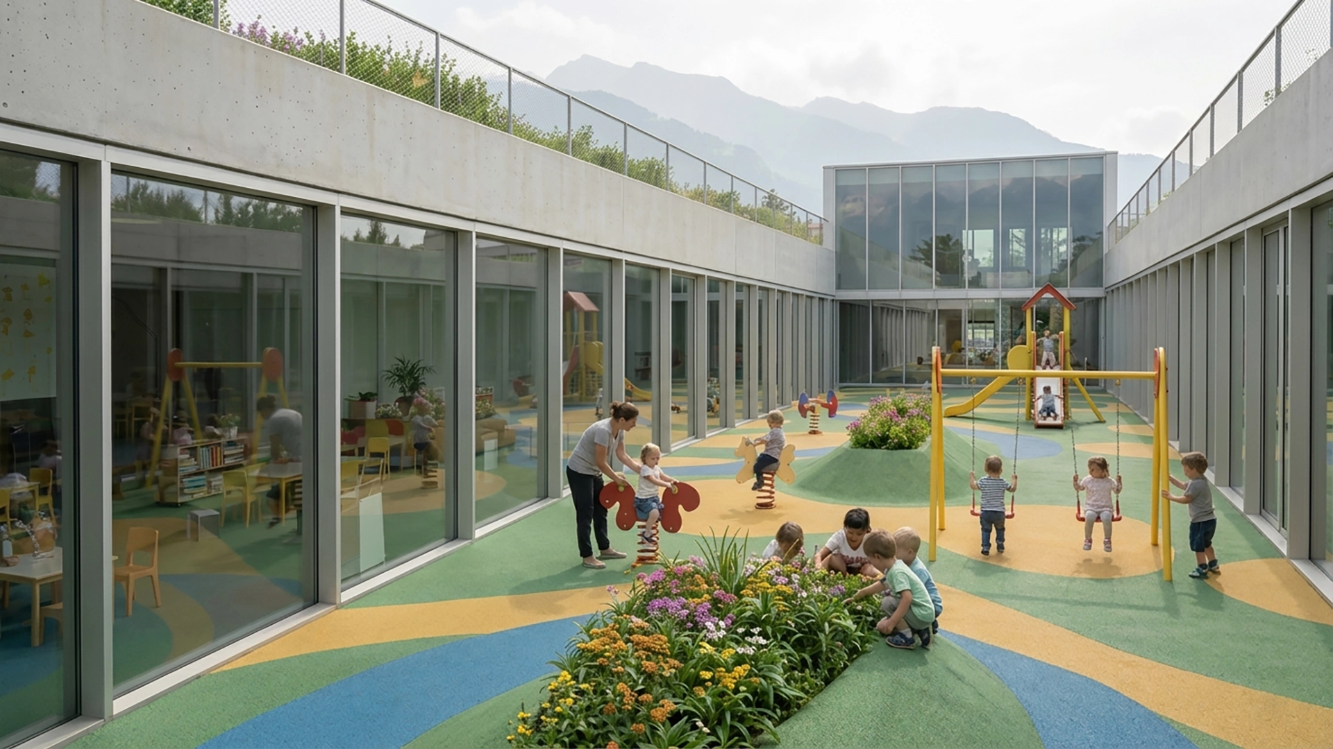 Architettura per l'infanzia: vista degli spazi interni destinati al gioco e alla ricreazione nel complesso scolastico.