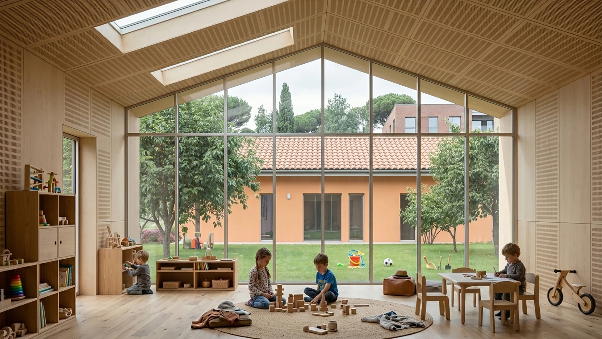 Aula didattica dell’Asilo San Gregorio con arredi in legno, area di gioco e grandi vetrate affacciate sul giardino, illuminata da lucernari in copertura.
