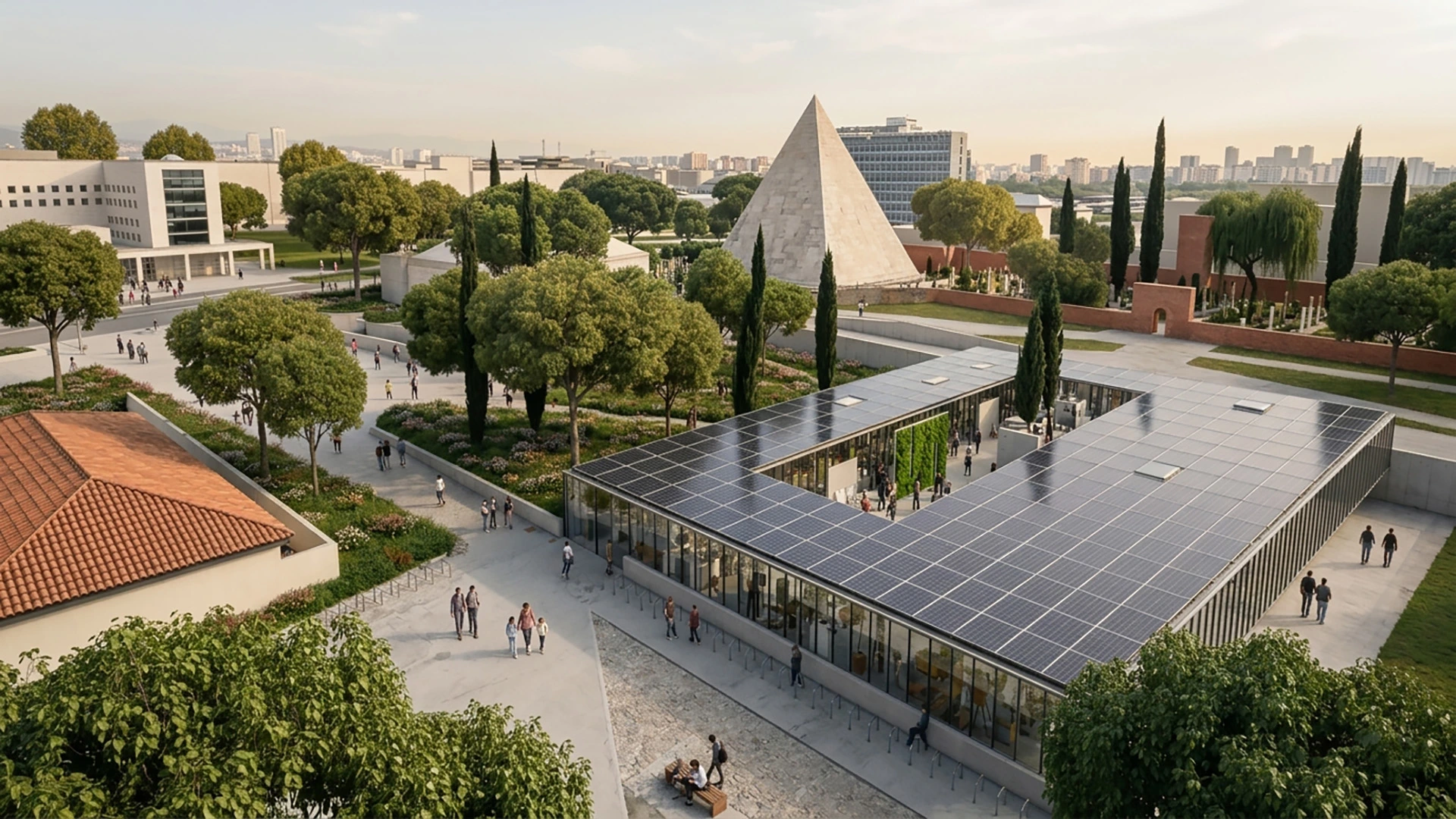 Focus sul trattamento materico delle facciate e della copertura in pannelli fotovoltaici. Enfasi sulla permeabilità visiva tra spazio pubblico e atelier artistici.