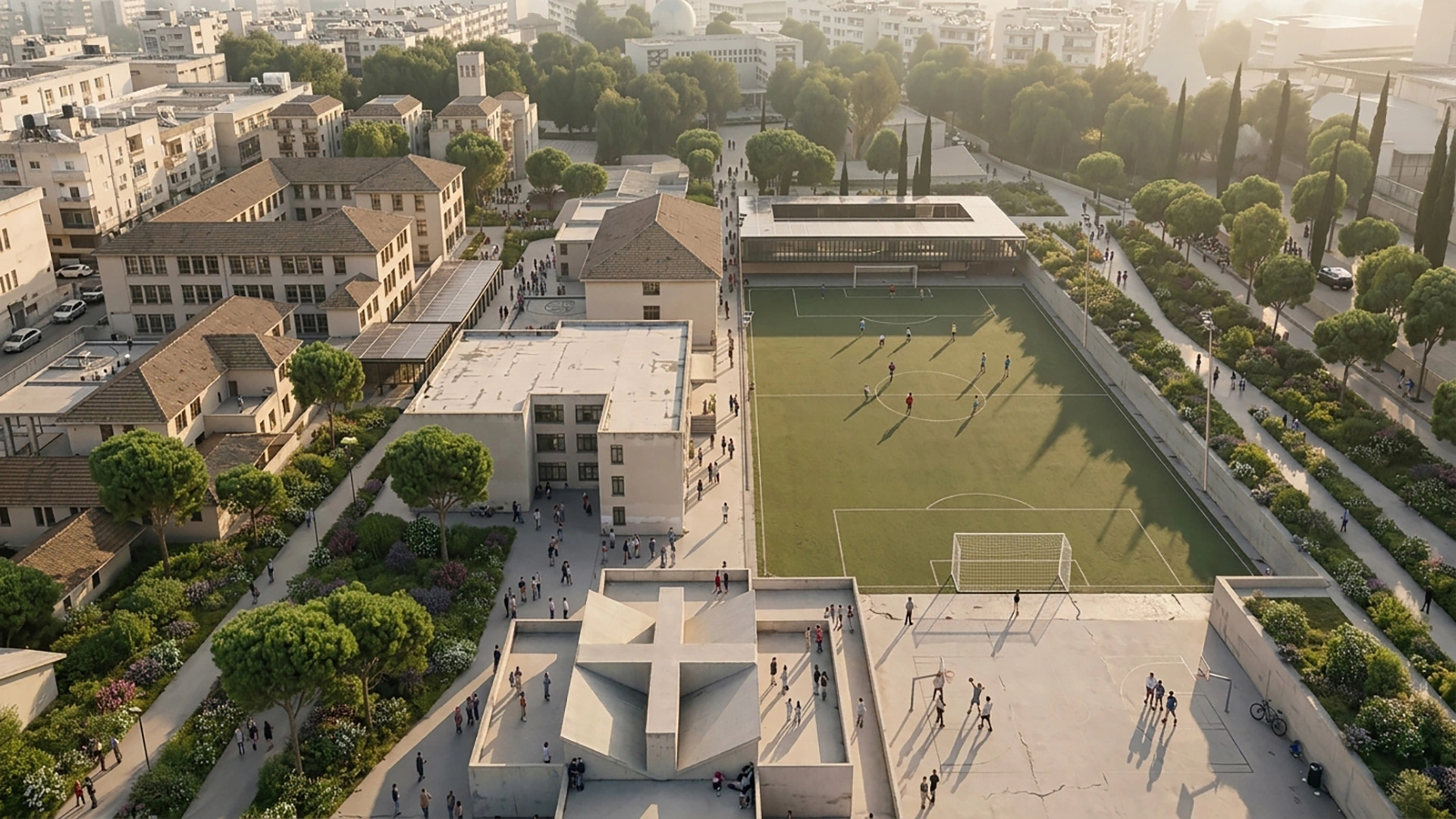 Visualizzazione dell'inserimento urbano: rapporto tra l'edificio di progetto e le preesistenze nello storico rione Testaccio.